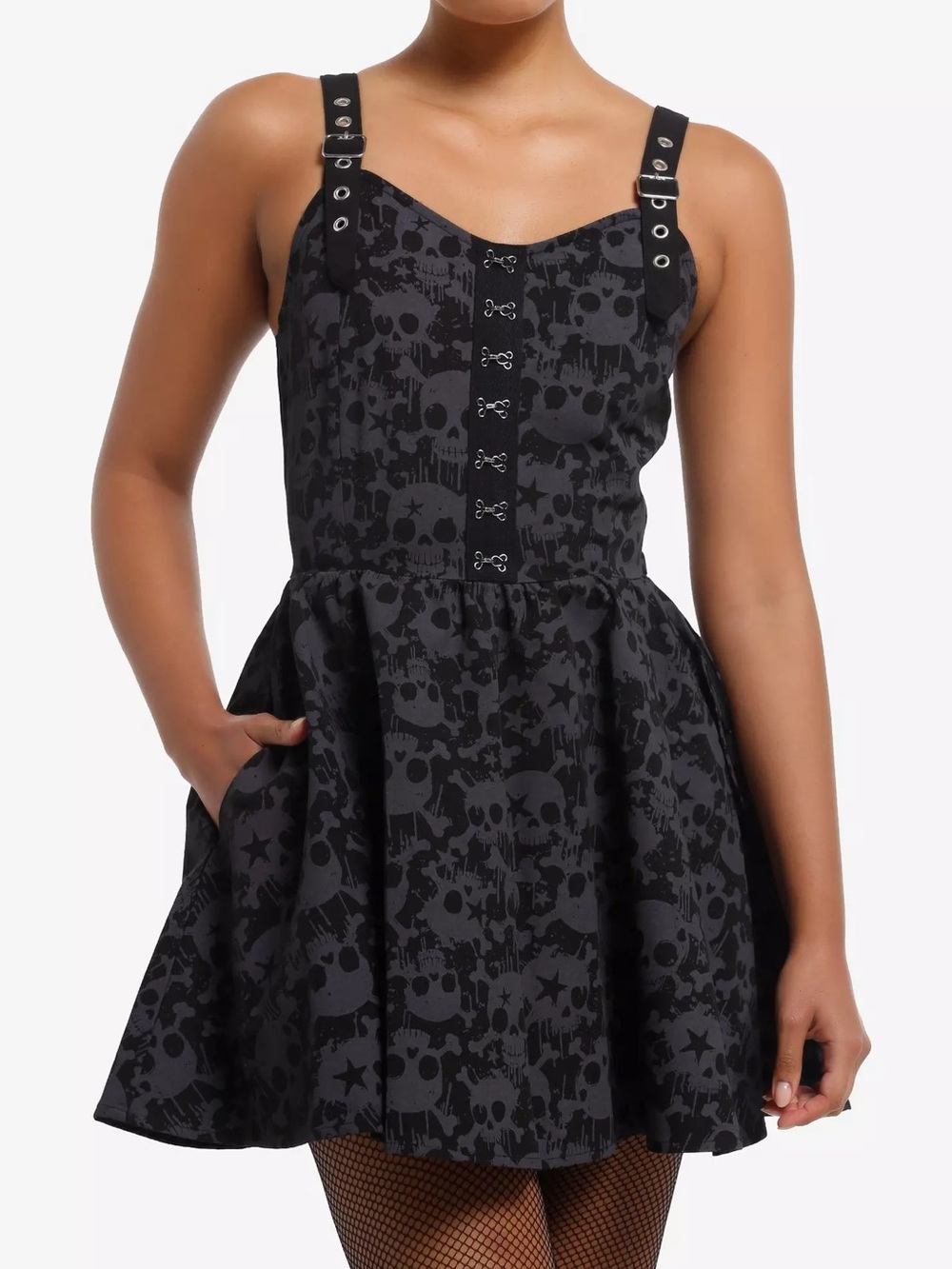 Black & Grey Skull Grommet Strap Mini Dress Hot Topic